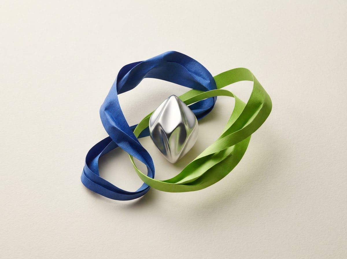Abstract cobalt and lime ribbons orbiting a sculptural silver form