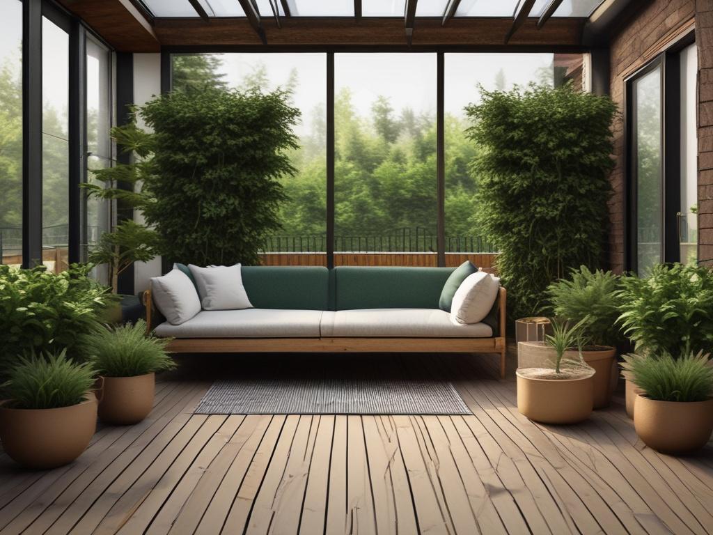 A beautifully constructed terrace featuring elegant wooden decking surrounded by plants and decorative elements, captured in a hyper-realistic style with close-up detail. The image should be shot with a 45mm f/1.2 lens, emphasizing the craftsmanship and inviting atmosphere of the terrace.