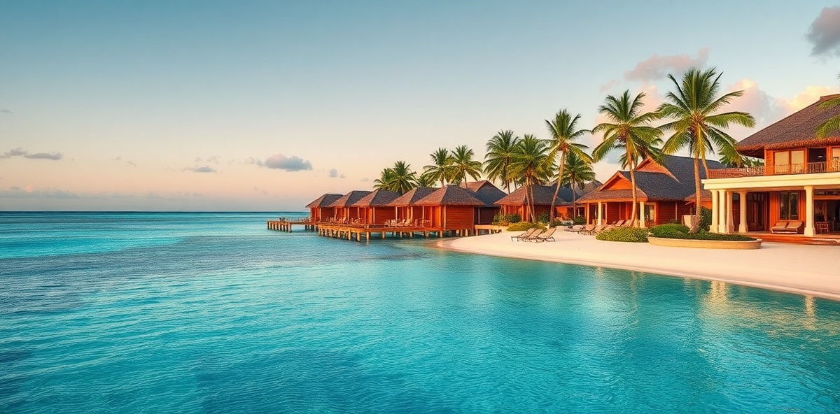 Luxury beachfront resort with turquoise waters and palm trees