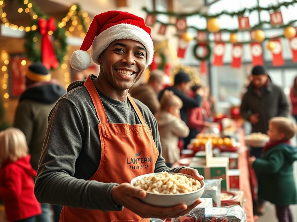 **AI Image Generation Prompt:**

Create a realistic high-resolution photo depicting a festive scene at the Woodland High School during the "Christmas at DD4" community holiday event. The composition should focus on a single subject: a cheerful volunteer from Lantern Residences serving a warm bowl of dirty rice to families gathered at the event. 

The volunteer should be warmly smiling, wearing a festive hat and a Lantern Residences branded apron, symbolizing community engagement and generosity. The backgrou