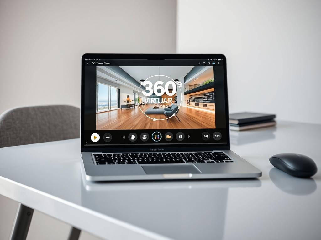 A realistic high-resolution image of a 3D virtual tour being showcased on a laptop screen. The laptop is placed on a sleek, modern desk with a minimalistic design. The background features soft, neutral colors to enhance focus on the laptop and the virtual tour interface displayed on the screen. The image captures the essence of technology and innovation, showcasing the immersive experience of a 360-degree view.