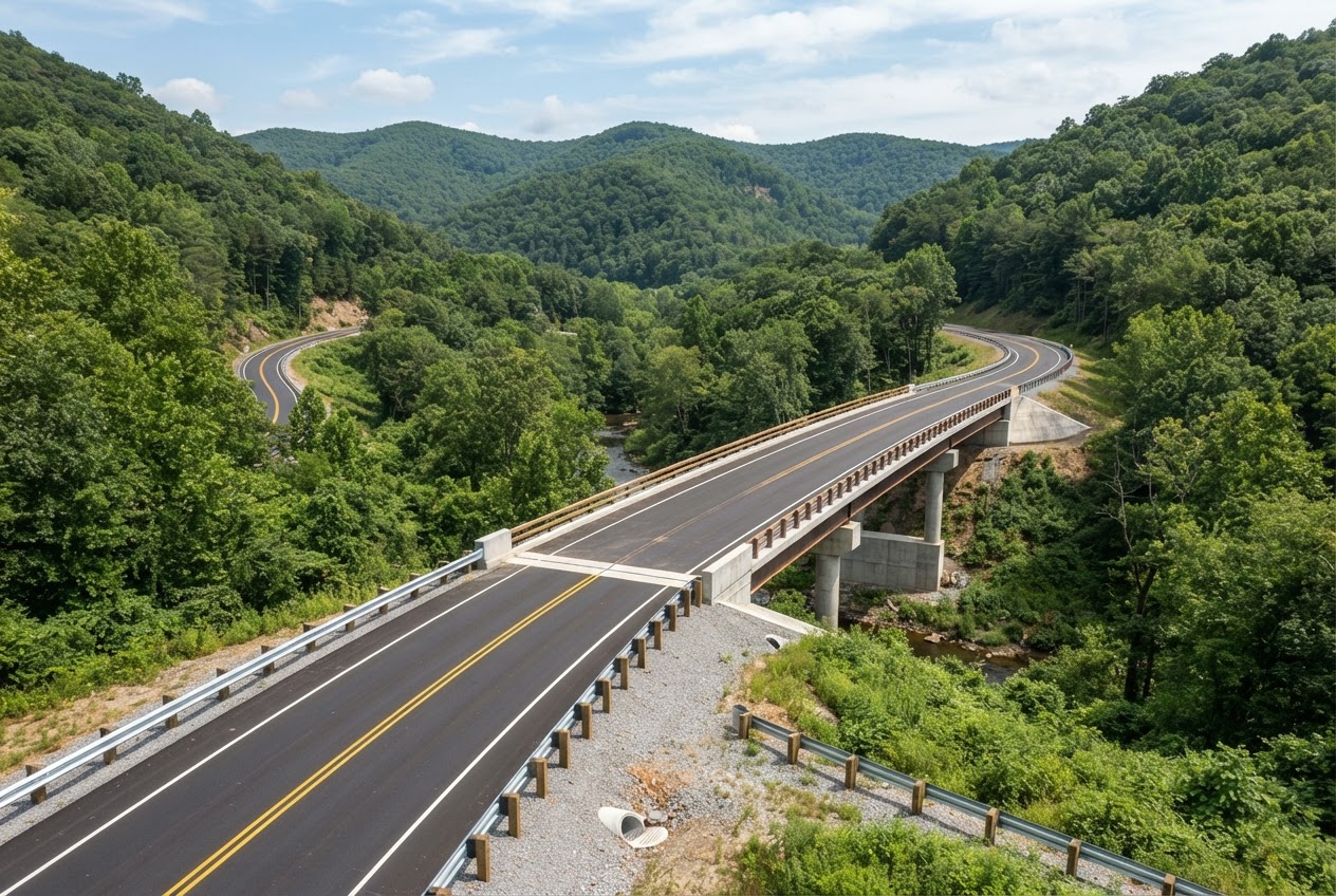 Representative image of a completed roadway and concrete bridge in a wooded Appalachian landscape