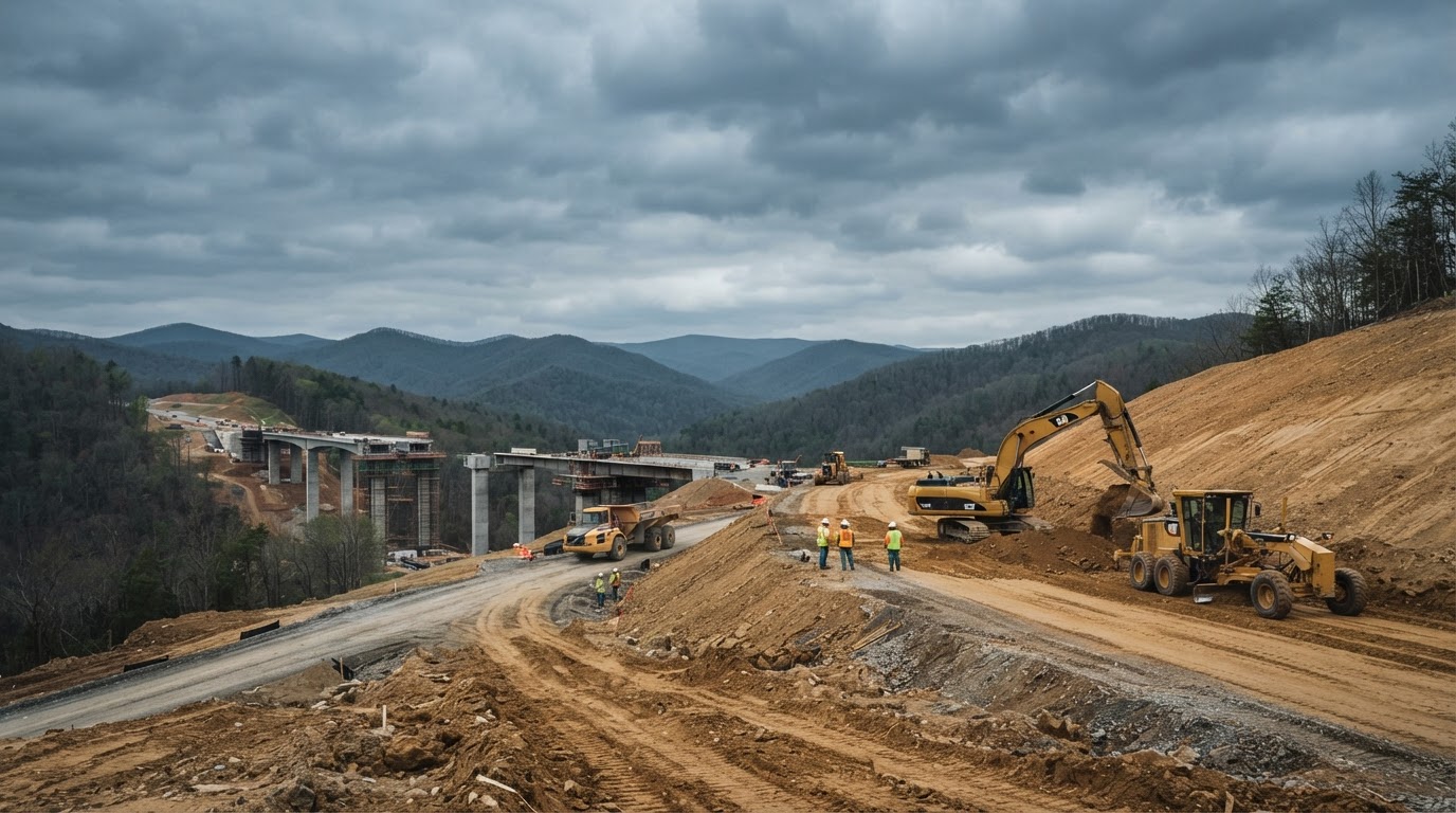 Heavy equipment at work on a civil construction project in the Appalachian hills