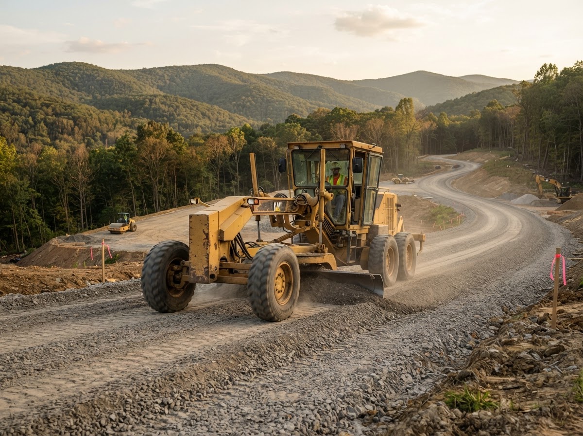 Motor grader leveling a gravel roadbed on a civil construction site