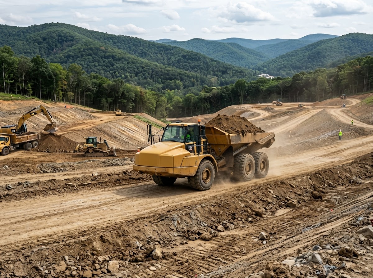 Articulated dump truck moving earth across a construction site