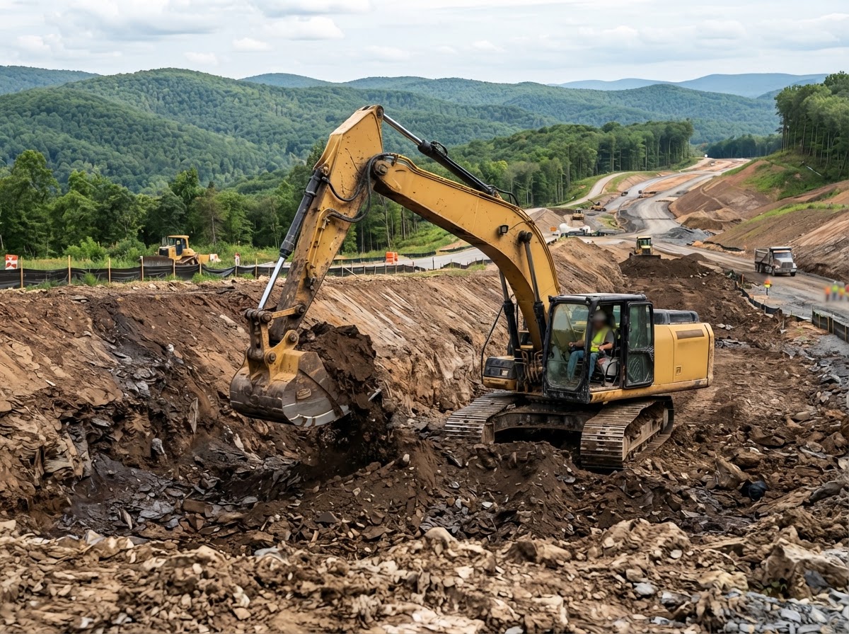 Excavator digging and shaping earth on a roadway construction site