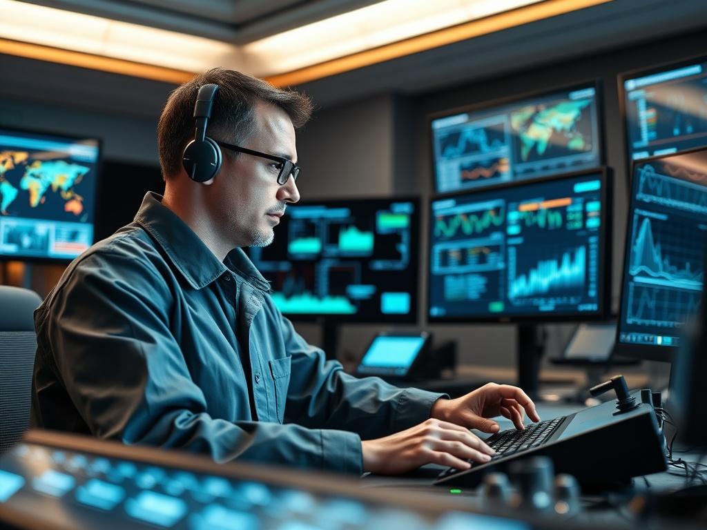 An industrial engineer working on system integration in a control room, surrounded by screens displaying data and analytics. The image should have a futuristic feel, emphasizing technology and precision. The engineer should be focused and engaged, highlighting the importance of system integration in modern industry.