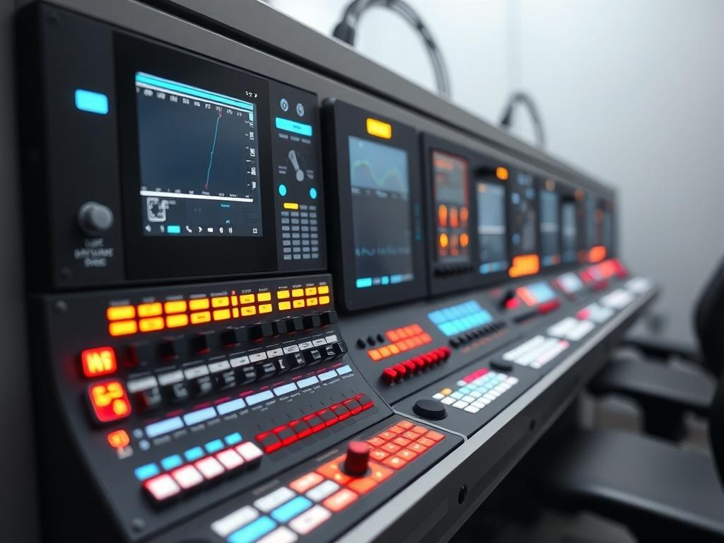 A close-up shot of a modern industrial control system panel with glowing buttons and screens, set against a light grey background. The panel should feature sleek, minimalist design elements, emphasizing functionality and innovation. The lighting should highlight the intricate details of the controls, showcasing a futuristic aesthetic.