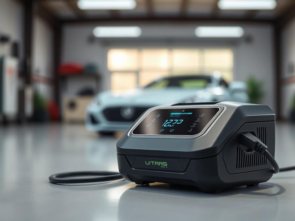 A close-up shot of a portable DC charger designed for hybrid and electric vehicle batteries, showcasing its sleek design and user-friendly interface. The charger should be displayed on a clean surface with a blurred background of a modern garage setting. The image should reflect the primary color rgb(243, 153, 62) in the charger’s design elements.