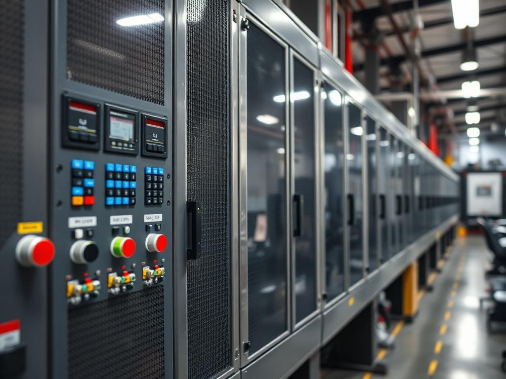 Create a hyper-realistic close-up image showcasing a modern carton slitting and creasing line in an industrial setting. The scene should focus on the new industrial-grade electrical panels, Delta PLC units, and HMI interface, highlighting their intricate details and functionality. The background should feature soft industrial elements, ensuring the main subject stands out, captured with a 45mm f/1.2 lens to emphasize depth and clarity.