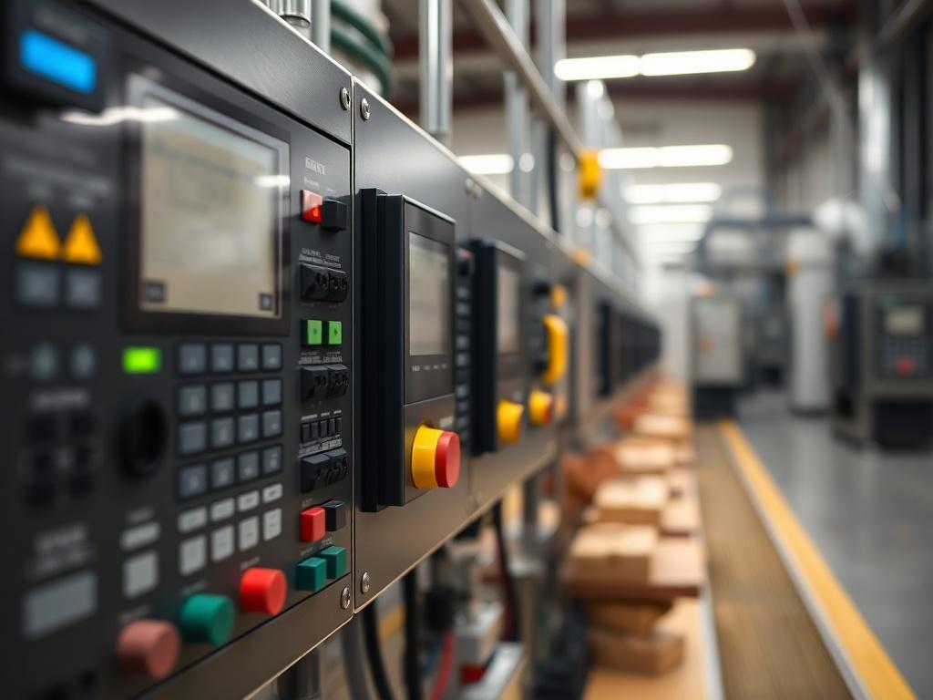 A close-up shot of a modern poultry feed production line control panel, showcasing advanced PLC and HMI interfaces. The background should be a clean, industrial setting with soft lighting, emphasizing the technology's sophistication and efficiency. The image should be realistic and high-resolution, reflecting the professional style of BADNF Automation Industrial.