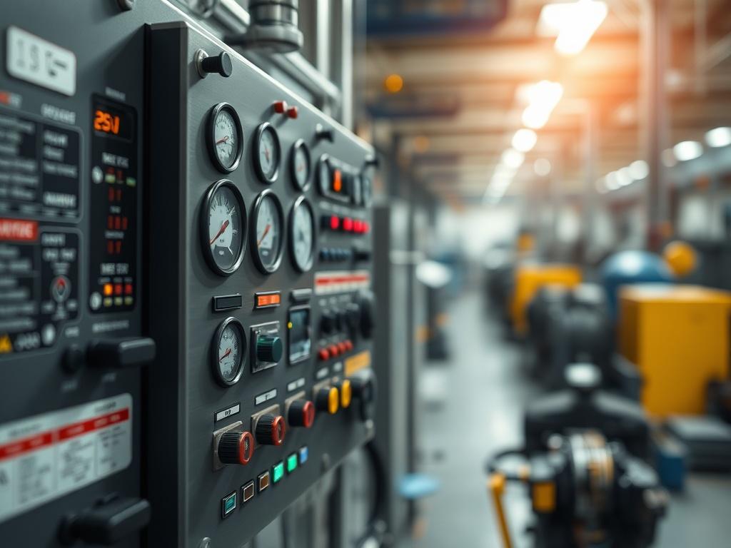 **AI Image Generation Prompt:**

Create a realistic high-resolution photo featuring a single, intricately detailed industrial control system panel as the focal subject. The panel should display various gauges, switches, and digital displays that highlight its functionality in a modern industrial setting. Ensure the panel's elements are distinctly visible, showcasing the complexity and precision of industrial control systems. 

Set the composition against a softly blurred background of a high-tech industrial