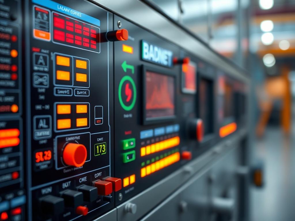 A hyper-realistic close-up shot of an advanced industrial automation control panel featuring sleek interfaces and glowing buttons. The background should be softly blurred to emphasize the control panel's intricate design and functionality. The color scheme should incorporate BADNF's signature orange (#f57c00) to reflect the company's branding. The image should be shot with a 45mm f/1.2 lens to create a sharp focus on the control panel while maintaining a professional and clean aesthetic.