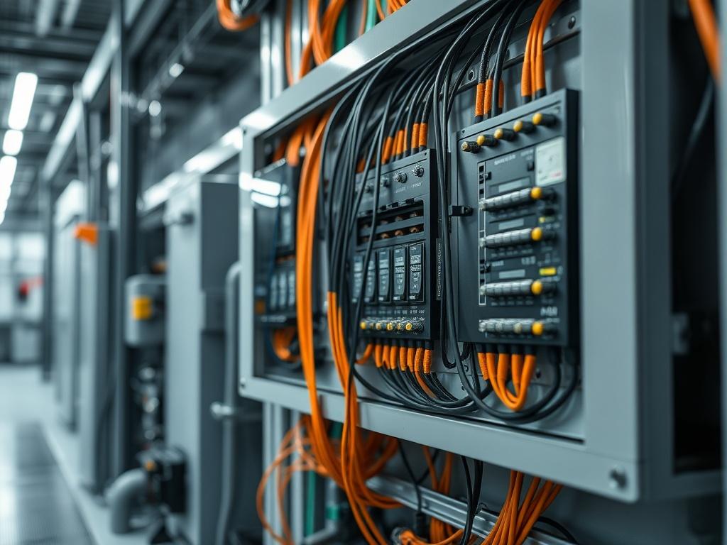 A hyper-realistic close-up shot of an industrial electrical panel with neatly organized wires and components, showcasing intricate details and craftsmanship. The panel is installed in a clean, well-lit industrial setting with soft ambient lighting. The background highlights the blend of electrical and mechanical systems, presenting a professional and modern atmosphere. The color palette includes shades of grey and orange to reflect BADNF Automation Industrial's branding, ensuring visual harmony.