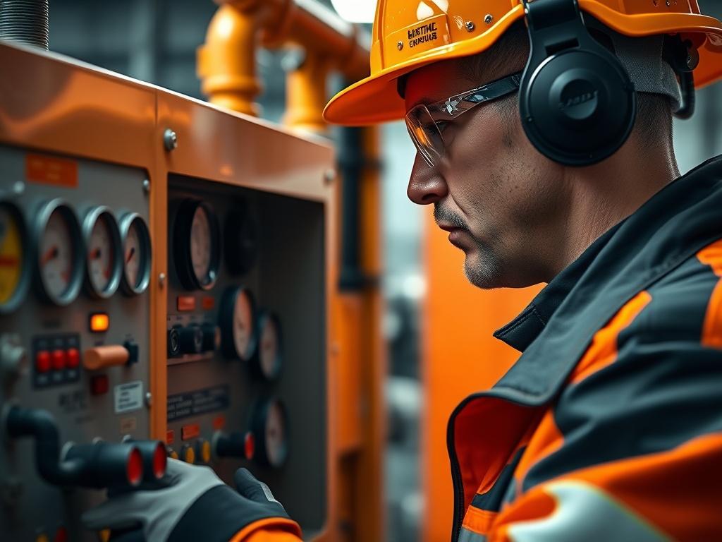 A hyper-realistic close-up shot of a skilled technician inspecting an industrial control system. The technician is wearing safety gear and focuses on a complex control panel with various gauges and controls. The background is a blurred industrial setting, highlighting the importance of technical maintenance in an industrial environment. The lighting emphasizes the vibrant BADNF orange (#f57c00) and reflects professionalism and expertise.