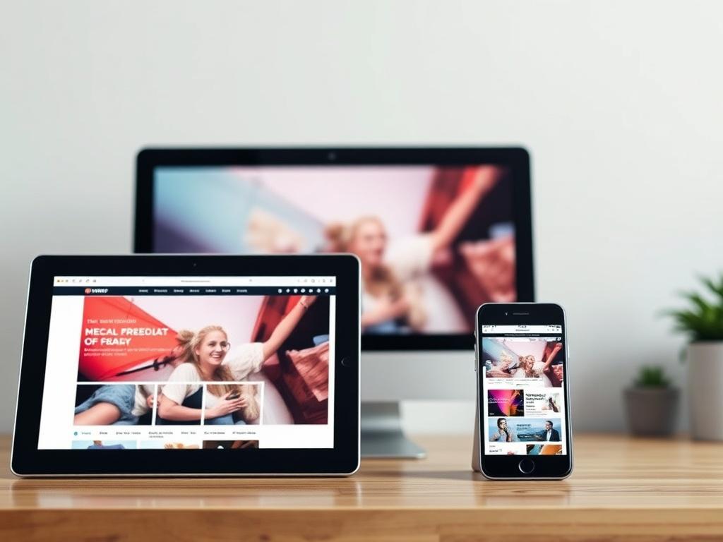 A hyper-realistic close-up shot of a responsive web design interface displayed on multiple devices including a desktop, tablet, and smartphone. The background should be simple and clear, focusing on the devices showcasing vibrant website layouts that emphasize user experience. The color scheme should incorporate the #FF6E4E primary color, enhancing the visual appeal of the design.