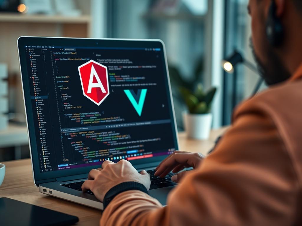 A hyper-realistic close-up shot of a developer working on a laptop with Angular and Vue3 logos displayed on the screen. The developer is focused on coding, surrounded by a clean, modern workspace with soft lighting. The background is softly blurred to highlight the developer and the laptop screen. The color theme of the image incorporates the primary color #FF6E4E, creating a warm and inviting atmosphere.