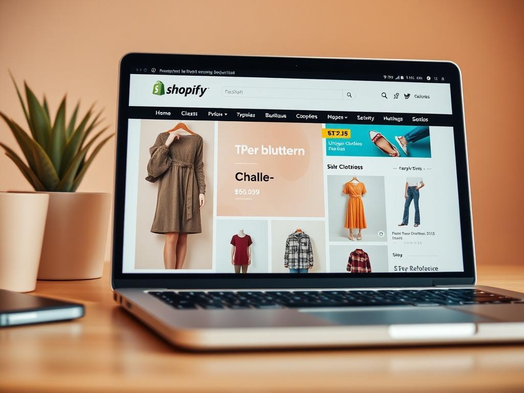 A hyper-realistic close-up shot of a vibrant Shopify eCommerce store interface displayed on a laptop, highlighting a fashion boutique's unique clothing items. The background should be simple and uncluttered, emphasizing the digital shopping experience. Use a warm color palette with the primary color #FF6E4E to create an inviting atmosphere.
