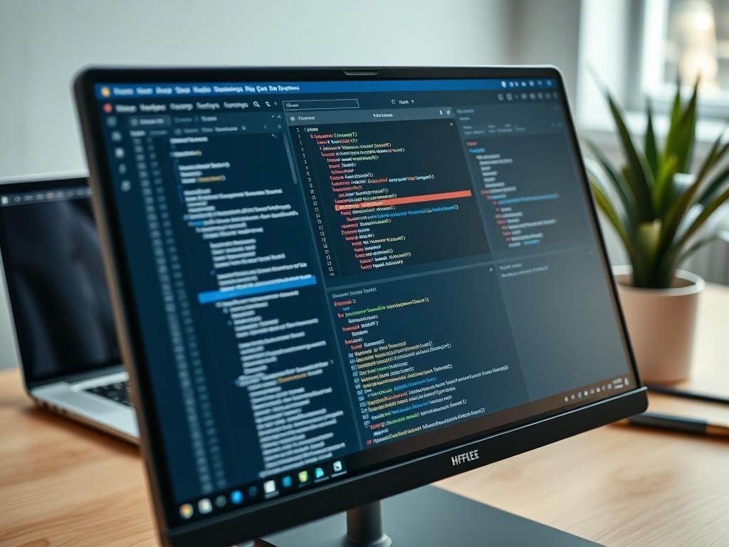 A close-up shot of a computer screen displaying a well-organized Git repository interface, with visible code snippets and UI elements. The background features a modern workspace with a laptop, notepad, and a plant, all harmonizing with the #FF6E4E color scheme. The lighting is bright and inviting, emphasizing clarity and focus on the Git repository.