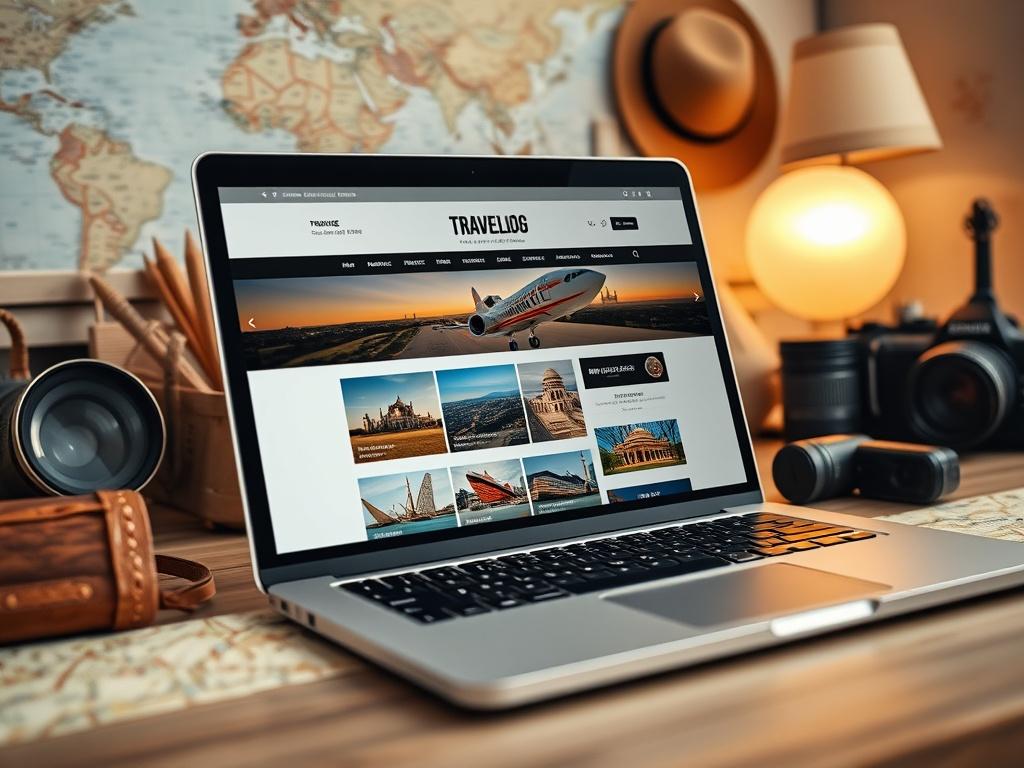 A close-up shot of a laptop displaying a travel blog with engaging visuals and a well-structured layout. The background features travel-themed decor, such as maps and travel gear, creating an inspiring ambiance.