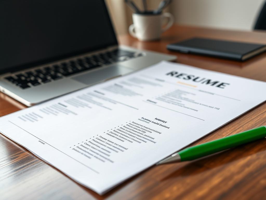 A close-up shot of a sleek, professional resume on a polished wooden desk. The resume features clear formatting, bold headings, and bullet points, showcasing various sections like experience, education, and skills. The background includes a blurred laptop and a stylish pen, hinting at a professional environment. The image should be hyper-realistic with a focus on the resume and a vibrant green accent, aligned with the rgb(50, 170, 39) color scheme.