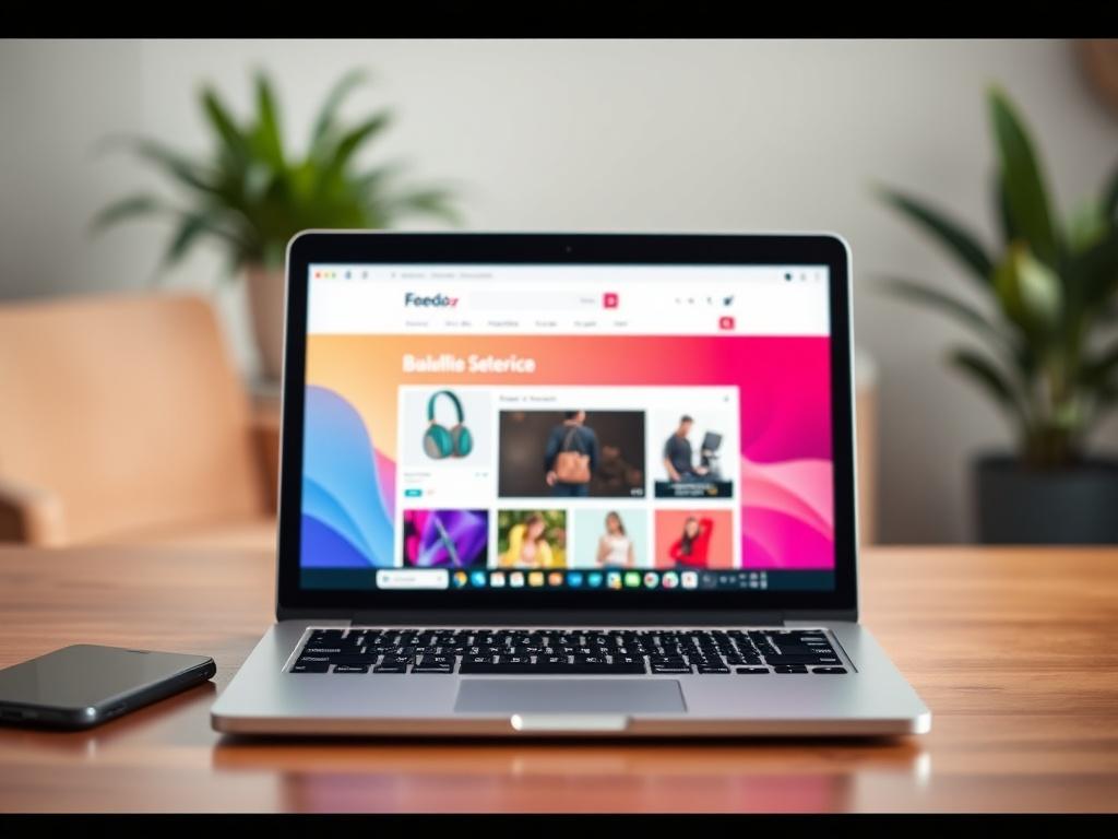 A close-up shot of a sleek laptop displaying a dynamic .NET web application for e-commerce. The screen shows a vibrant product page with clear navigation and engaging visuals. The background is softly blurred, emphasizing the laptop, and the overall color palette aligns with the #FF6E4E primary color, creating a warm and inviting atmosphere.