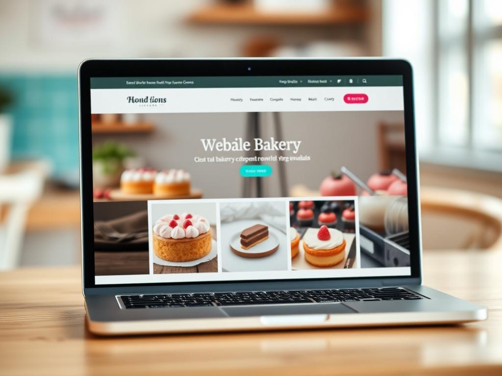 A close-up shot of a beautifully designed WordPress website displayed on a sleek laptop. The website showcases vibrant images of bakery products like cakes and pastries, with an inviting layout. The background is softly blurred to emphasize the laptop while hinting at a cozy bakery environment. The color scheme complements the #FF6E4E primary color, creating a warm and welcoming atmosphere.
