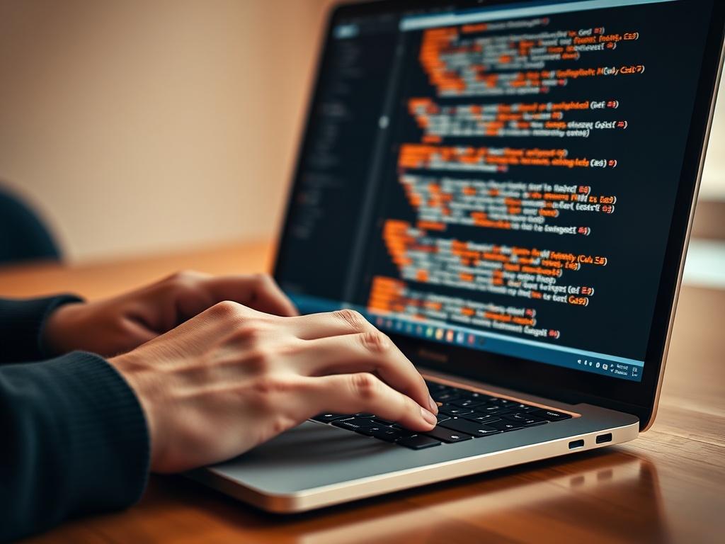 A hyper-realistic close-up shot of a web developer's hands typing on a laptop keyboard while displaying HTML5 and CSS3 code on the screen. The background is softly blurred to emphasize the coding process, with a warm color palette featuring shades of #FF6E4E. The composition should focus solely on the hands and the laptop screen, creating a sense of engagement and professionalism.