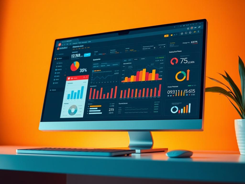 A hyper-realistic close-up shot of a modern web dashboard interface displayed on a sleek computer screen. The dashboard features colorful charts, graphs, and data visualization elements with a clean layout. The background is softly blurred to emphasize the screen, incorporating a warm orange hue that matches the #FF6E4E primary color. The lighting is bright, highlighting the interface details without any text or abstract shapes.