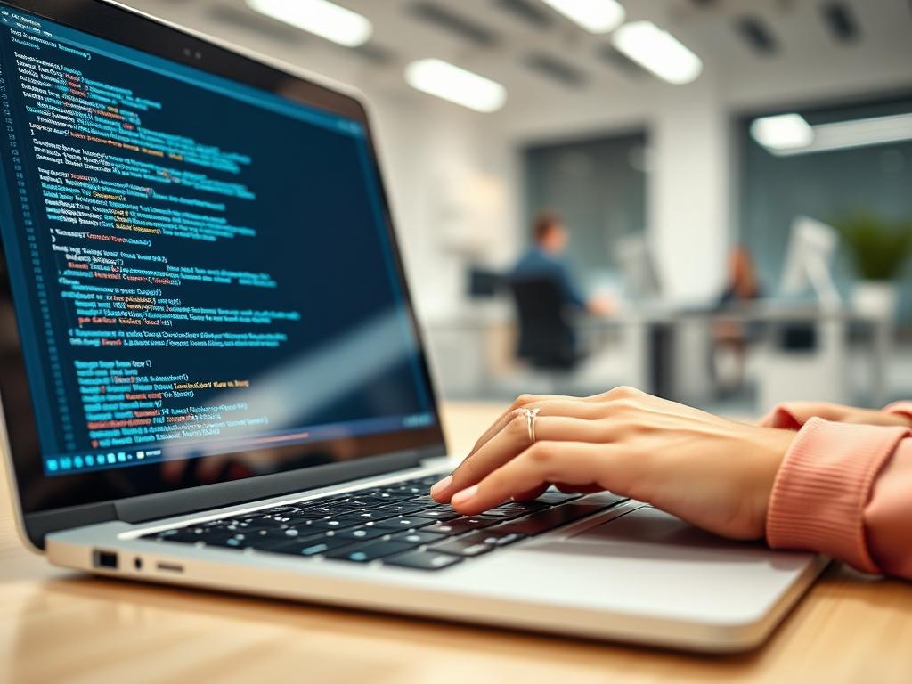 A hyper-realistic close-up shot of a web developer's hands typing on a laptop keyboard, with a bright screen displaying JavaScript and jQuery code. The background should be a clean, modern office space with soft lighting, emphasizing a focused and productive environment. The image should convey a sense of technology and creativity, with a color scheme that aligns with the primary color #FF6E4E.