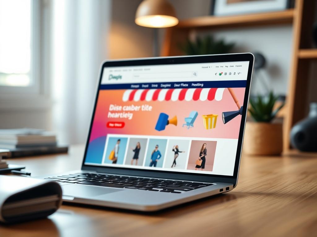 A close-up view of a beautifully designed Shopify and WordPress eCommerce website on a laptop screen. The focus is on the vibrant colors and user-friendly interface of the online store. The background is blurred to emphasize the laptop, showcasing a stylish workspace with minimalistic decor. The color scheme of the image should harmonize with the #FF6E4E primary color, creating a visually appealing and inviting atmosphere.