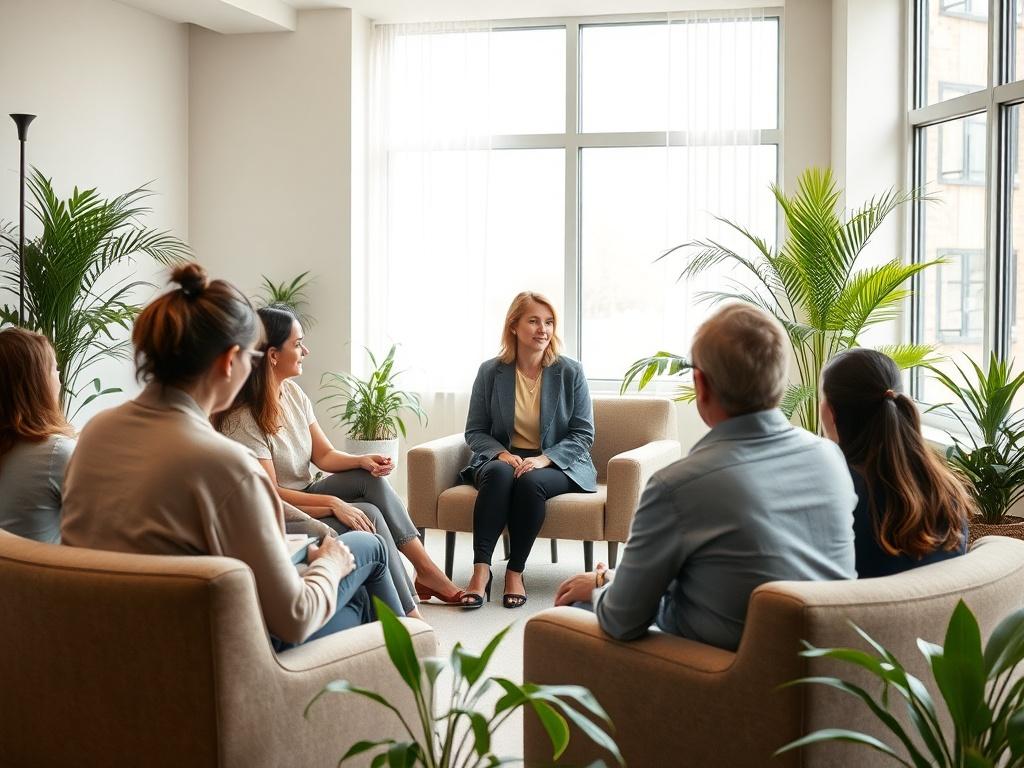 A serene training room setting with a diverse group of individuals engaged in a conflict resolution training session. The leader is a middle-aged woman, guiding the discussion while participants listen attentively. Soft natural light streams through large windows, illuminating the space filled with comfortable seating and plants, creating a peaceful atmosphere.