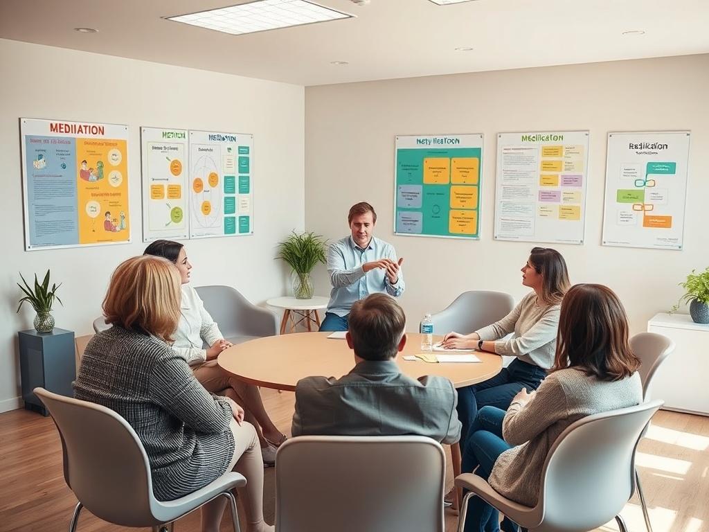 A dynamic workshop scene with a facilitator demonstrating mediation techniques to a small group. Participants are engaged, practicing role-plays in pairs while seated around a circular table. The room is bright and inviting, with colorful posters on the walls illustrating key mediation concepts, creating an encouraging learning environment.