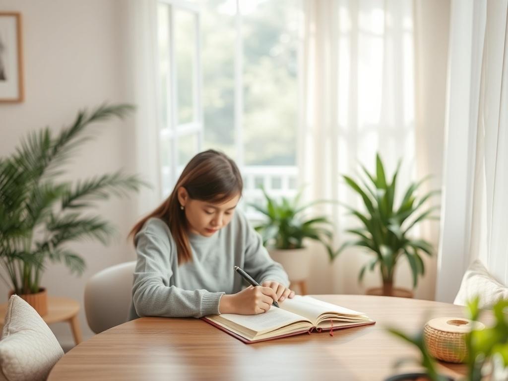 A serene and comforting room setting with a single person sitting at a table, focused on writing in a notebook. Soft natural light fills the space, creating a warm and inviting atmosphere. The person appears calm and determined, surrounded by gentle decor that promotes a sense of safety and peace. The background features soft greens and neutral colors, reflecting tranquility and support.