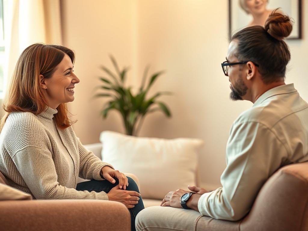 An intimate guided conversation setting featuring a facilitator and two