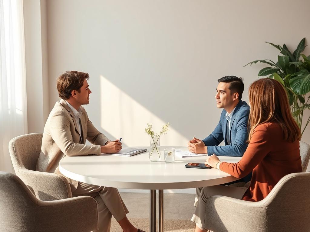 A mediation session in progress, featuring a mediator facilitating dialogue