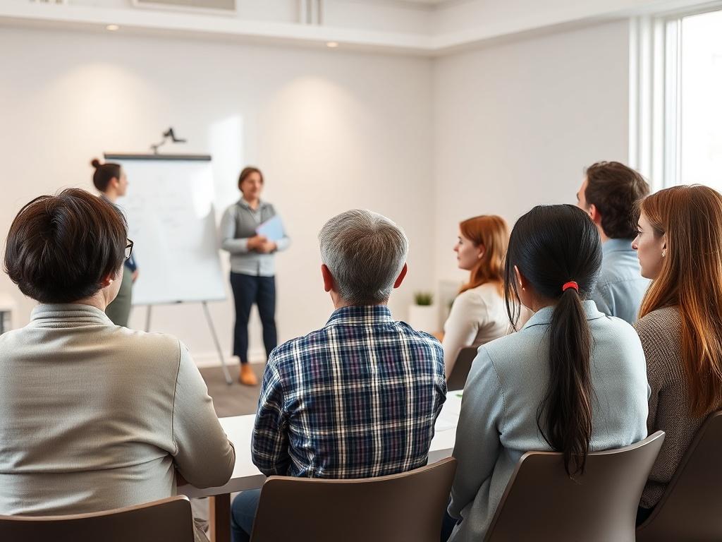 A serene training environment featuring a diverse group of individuals engaged in a workshop setting. The scene should depict participants attentively listening to a facilitator at the front of the room, with a whiteboard displaying key points. The room should have soft lighting and calming colors, creating a peaceful atmosphere conducive to learning and discussion.