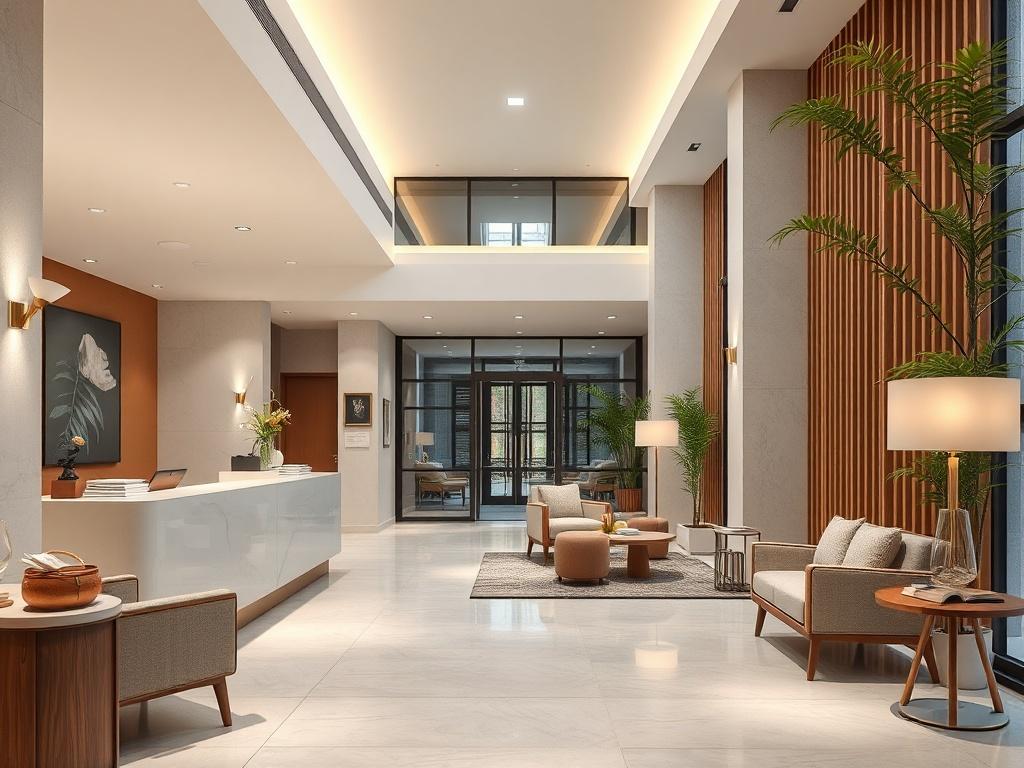 An inviting hotel lobby area showcasing modern amenities such as