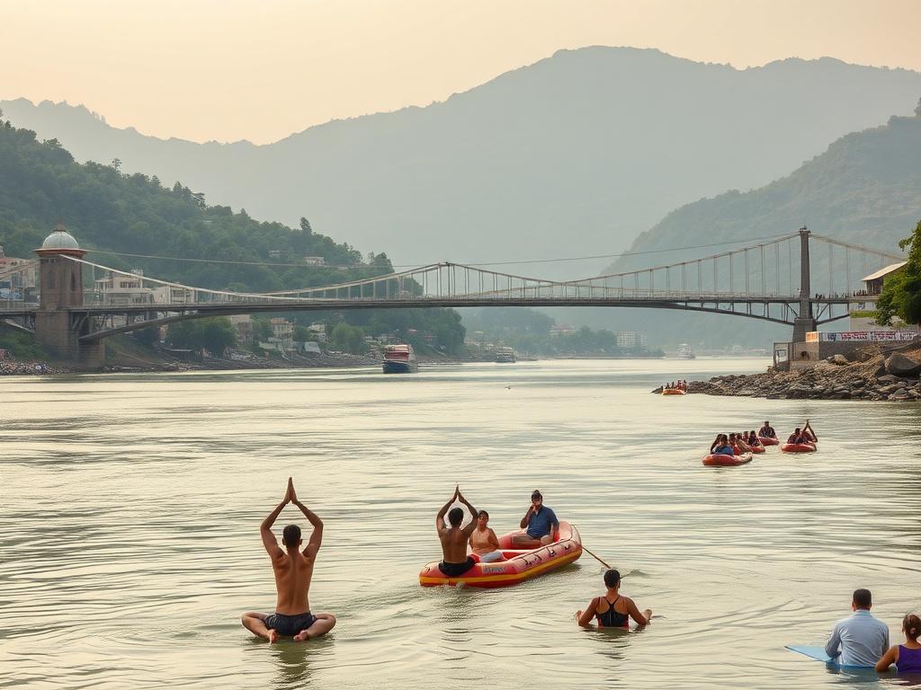 A picturesque scene of Rishikesh featuring the Laxman Jhula bridge