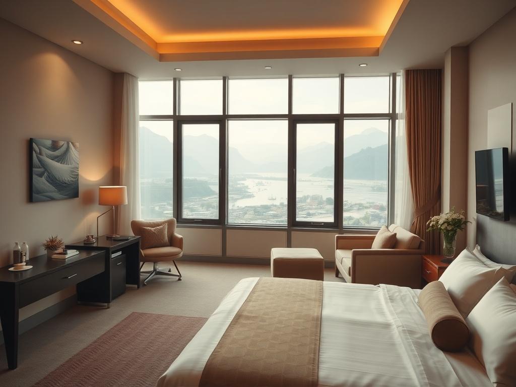 A serene hotel room with modern decor, featuring large windows