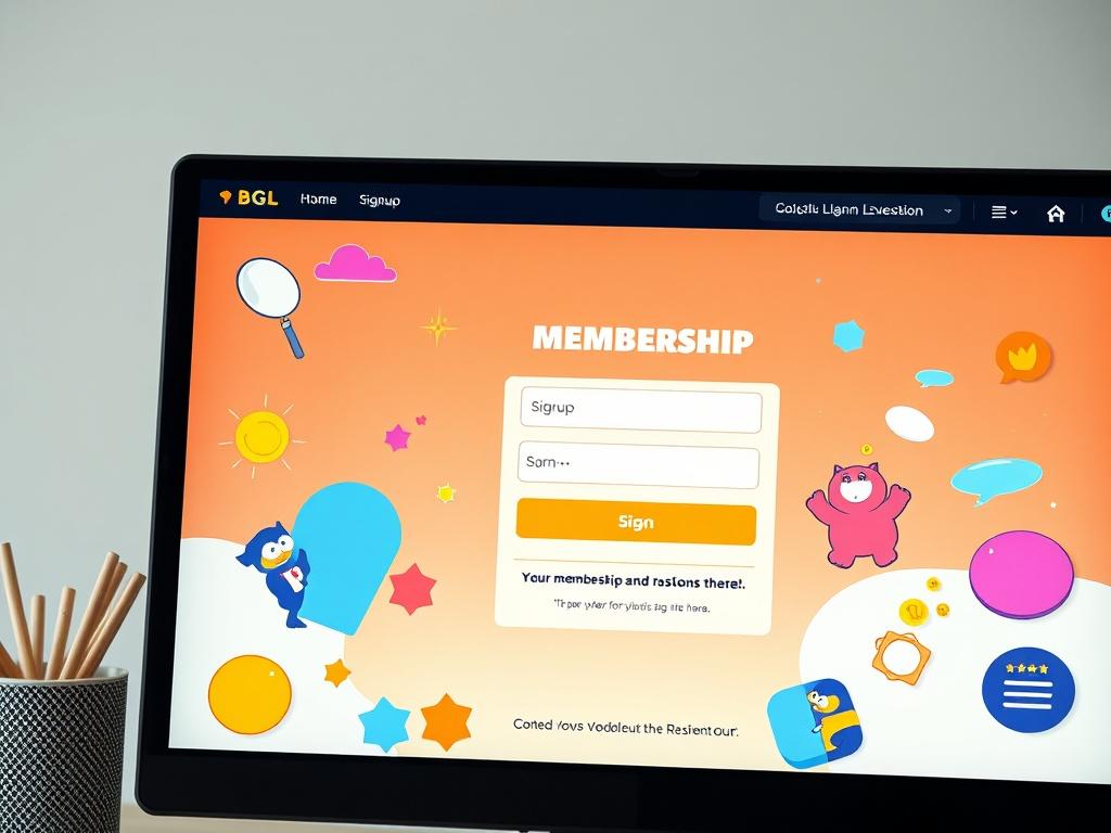 A close-up of a computer screen displaying the BGL membership signup page, with colorful graphics and playful elements. The image captures the essence of fun and security in the online signup process.
