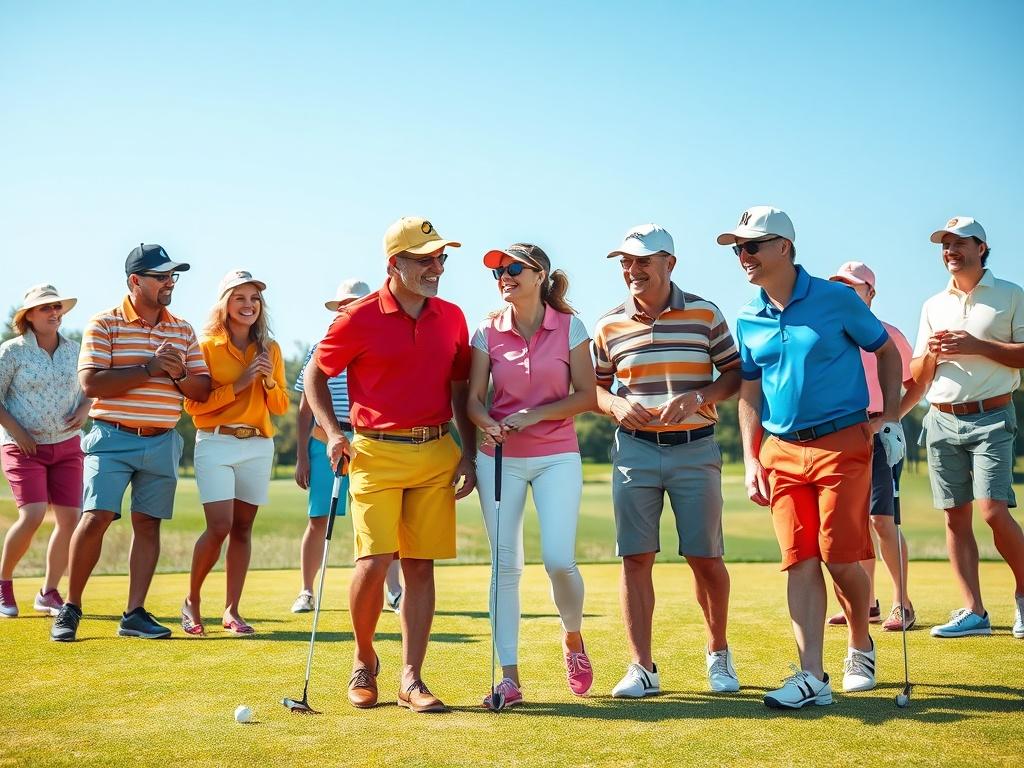 A vibrant and cheerful golf course scene with a diverse group of golfers laughing and enjoying their time together. The focus is on two golfers sharing a light-hearted moment after a funny mishap. Bright blue sky, lush green grass, and colorful golf apparel create a lively atmosphere.