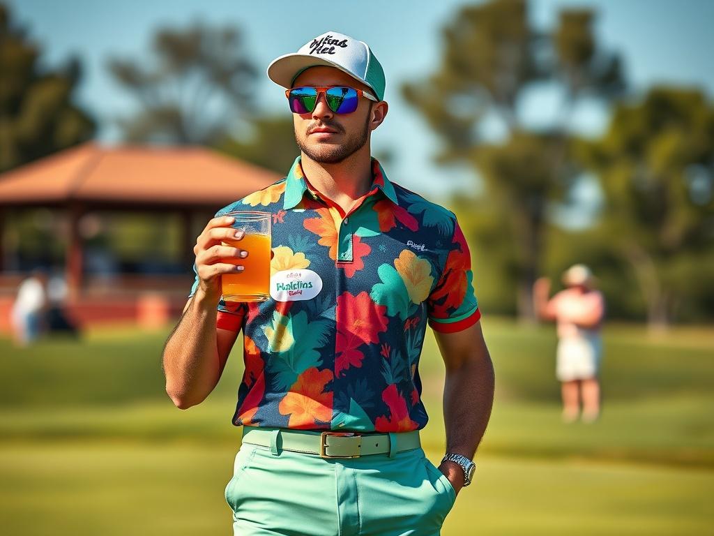 A stylish golfer wearing colorful, trendy golf apparel while holding a fun drinkware item on the golf course. The background features a sunny day at the course, with vibrant colors and clean lines, emphasizing the golfer's style.