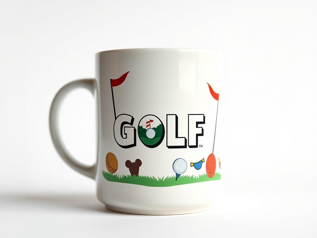A realistic high-resolution photo of a ceramic coffee mug with a colorful, humorous design related to golf. The mug should be centered against a minimalistic white background, with a clean composition that emphasizes the mug's details. The design should include golf-related graphics that evoke a fun and light-hearted vibe. The lighting should be bright and inviting, showcasing the glossy finish of the mug.