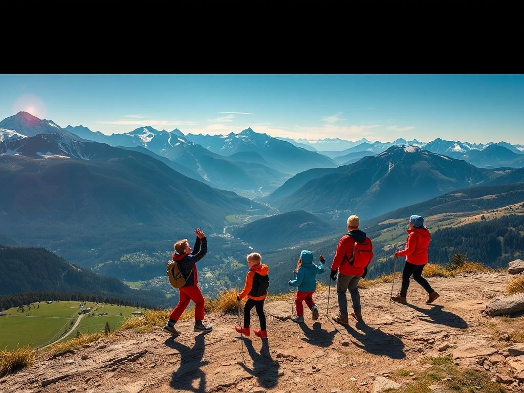 A picturesque view of the Monts Valin landscape with outdoor activities like hiking and skiing. The image captures the essence of adventure, showcasing families and friends enjoying nature in a vibrant setting.