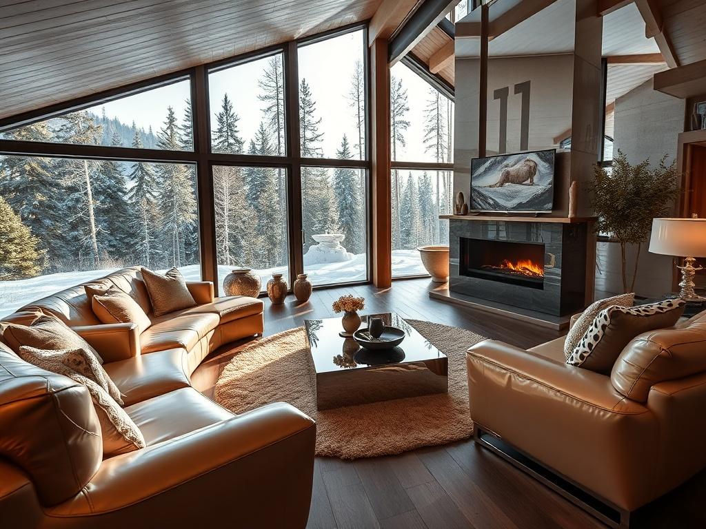 A sleek and modern chalet interior, showcasing luxury furniture and large windows with a view of the forest. The room is bathed in natural light, emphasizing a cozy yet elegant atmosphere. The furniture has ultra-shiny surfaces and luminous highlights, creating a warm and inviting environment.