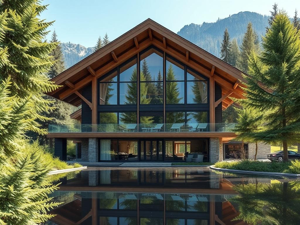 A luxurious chalet exterior surrounded by lush green trees and mountains. The chalet features large glass windows, showcasing a spacious and modern design. The image reflects a serene atmosphere, inviting you to relax and enjoy the beauty of nature.
