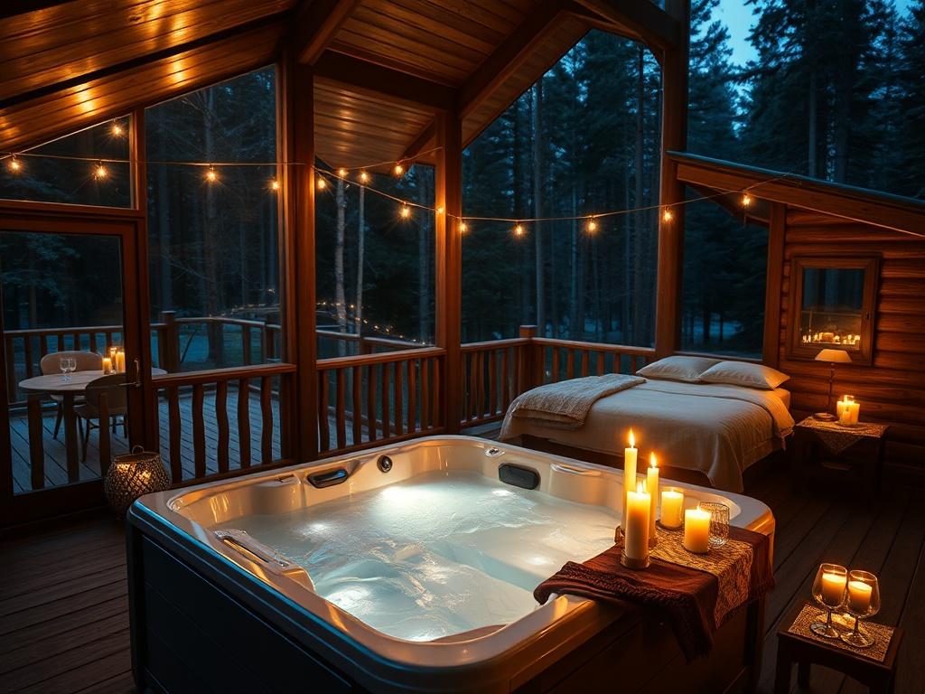 A romantic chalet set in a serene forest environment, featuring