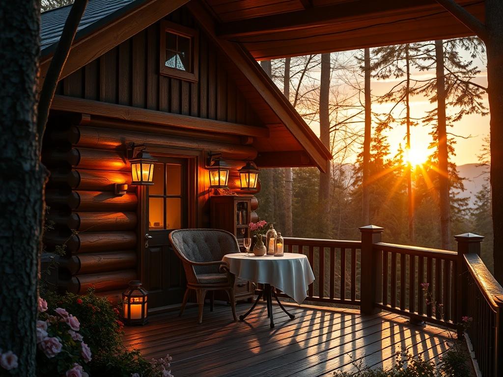 An intimate romantic chalet nestled in a secluded forest, featuring