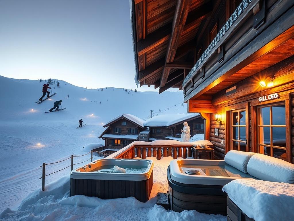 A ski chalet located right next to snowy slopes, with